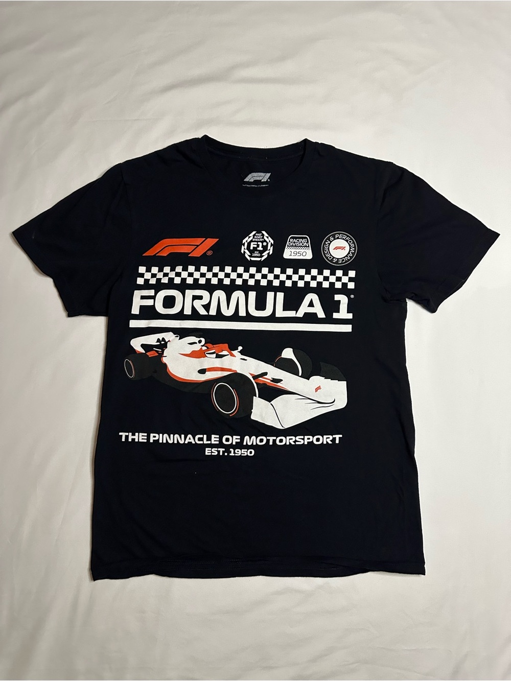 Formula 1 Black Cotton Graphic Tee with White Race Car Graphic